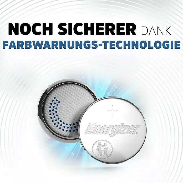 Energizer Knopfzelle Ultimate Lithium CR 2032 - CR2032, 3 V, 4 Stk. - Zwei silberne Knopfzellen. Eine zeigt blaue Punkte, die andere das Energizer-Logo und ein Kindersicherheitssymbol.