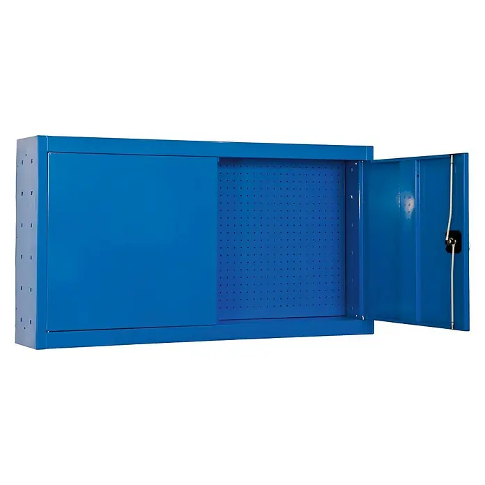 Simonrack Simonwork Armario para herramientas Cabinet Tools - An x Pr x Al: 90 x 20 x 67,5 cm, Azul, Completamente montado - Un armario de herramientas azul con puerta corredera y puerta abierta, que proporciona almacenamiento y organización en cualquier taller.