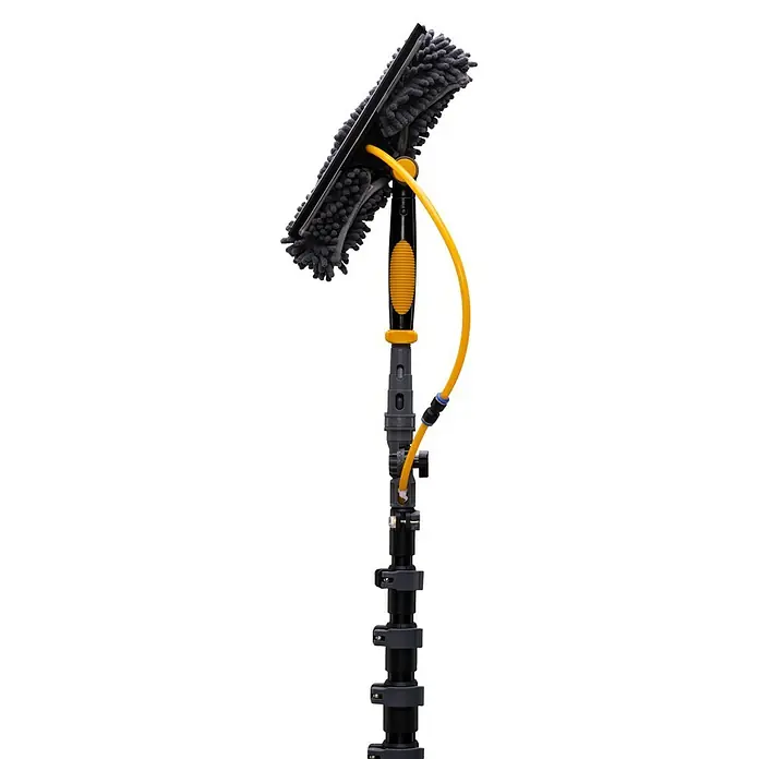 Neptun PV-  & Fassaden Reinigungsset mit verschiedenen Aufsätzen - Teleskopstiel, 120 cm - 490 cm - Wasserführende Teleskop-Reinigungsstange mit grauem Mikrofaser-Kopf, schwarzem Abzieher und gelbem Schlauch zur Fensterreinigung.