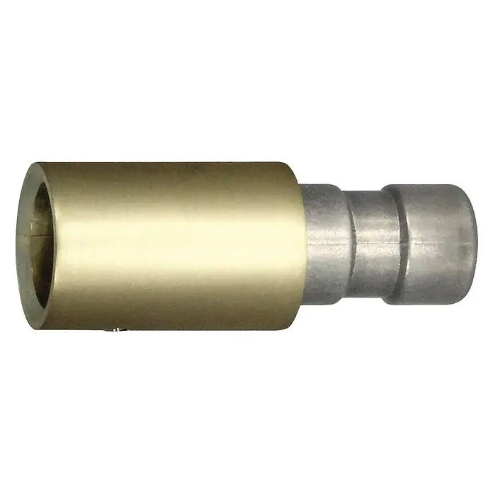 Expo Ambiente Trägerverlängerung Fun - Messingoptik matt, Geeignet für: Gardinenstangen Ø 25 mm - Nahaufnahme eines Metalladapters mit goldenem Gehäuse und abgestufter silberner Spitze für diverse Geräte.