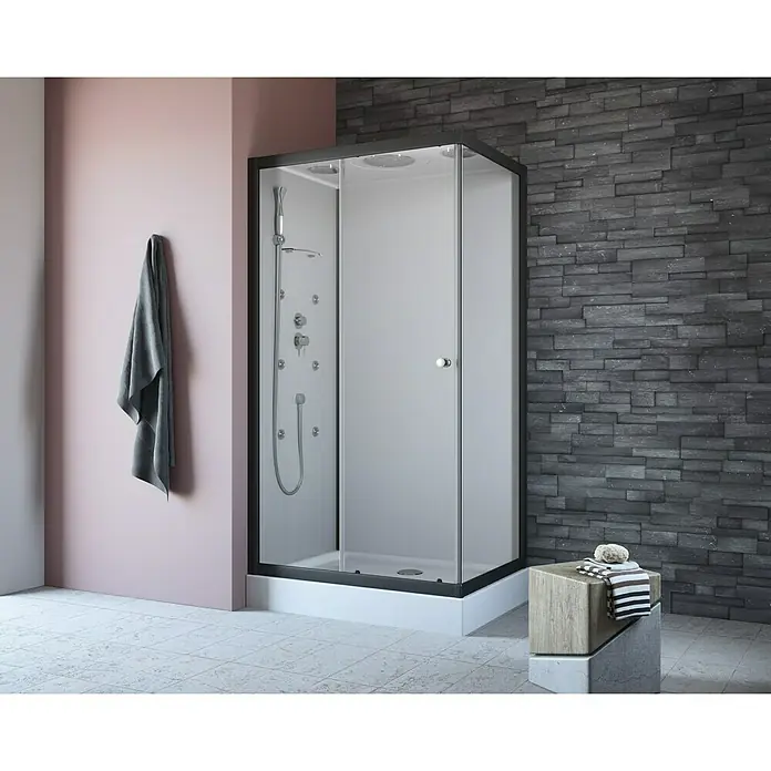 GEO Fix Komplettdusche - 80 x 110 x 215 cm, Weiß/Schwarz - Aufnahme einer modernen Duschkabine mit schwarzem Rahmen, die Eleganz und Funktionalität im Badezimmer vereint.