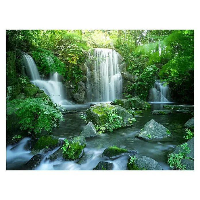 ProArt Young Living Leinwandbild - Forest & Waterfall I, B x H: 80 x 60 cm - Wunderschönes Wandbild eines ruhigen Wasserfalls, umgeben von üppigem Grün und Moosfelsen, das eine friedliche und natürliche Atmosphäre schafft.