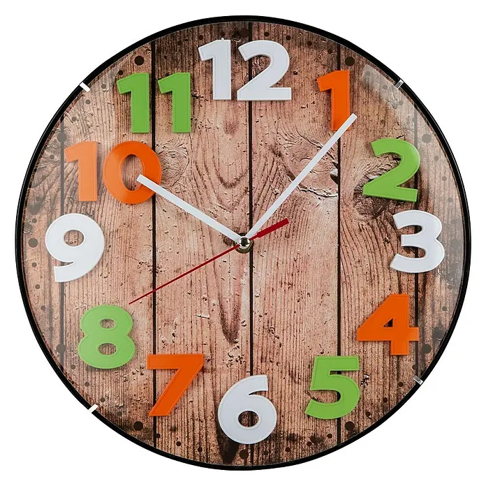 Wanduhr Ziffern auf Holzoptik - Durchmesser: 30 cm, Bunt - Diese farbenfrohe Wanduhr mit Holzmaserung verleiht jedem Raum einen Hauch von Laune und Funktionalität.