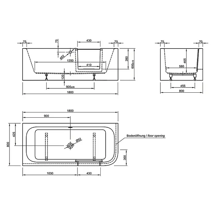 Ottofond Badewanne Pueblo - 180 x 80 cm, Sanitäracryl, Weiß, Rechts, Mit Ab- und Überlaufgarnitur und Wassereinlauf - Technische Zeichnung einer Badewanne mit Maßangaben für Installation und Design, inklusive Bodenöffnung.