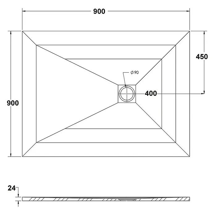 Ottofond Duschwanne Rosario - L x B: 90 x 90 cm, Weiß - Abbildung einer flachen Duschwanne mit quadratischem Ablauf und Maßen zur Installation im Badezimmer.