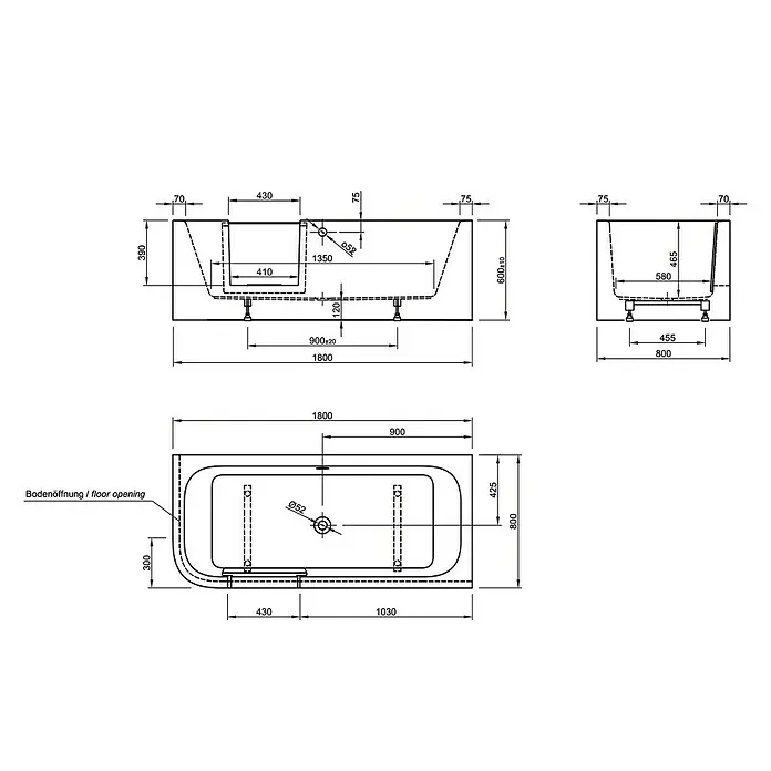 Ottofond Badewanne Pueblo - 180 x 80 cm, Sanitäracryl, Weiß, Links, Mit Ab- und Überlaufgarnitur und Wassereinlauf - Technische Zeichnung einer rechteckigen Badewanne mit den Maßen 1800x800 mm, die verschiedene Ansichten und Detailmaße zeigt.