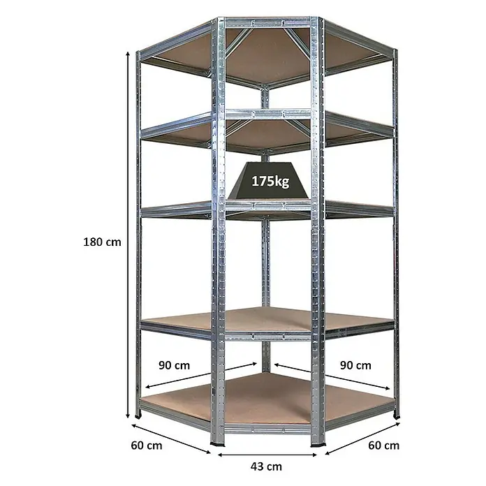 Proregal Eckregal RAGNAR - H x B x T: 180 x 90 x 60 cm, Traglast pro Boden: 175 kg, Anzahl Böden: 5 Stk., Stecken, Verzinkt