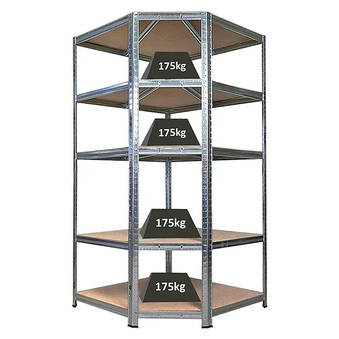 Proregal Eckregal RAGNAR - H x B x T: 180 x 90 x 60 cm, Traglast pro Boden: 175 kg, Anzahl Böden: 5 Stk., Stecken, Verzinkt