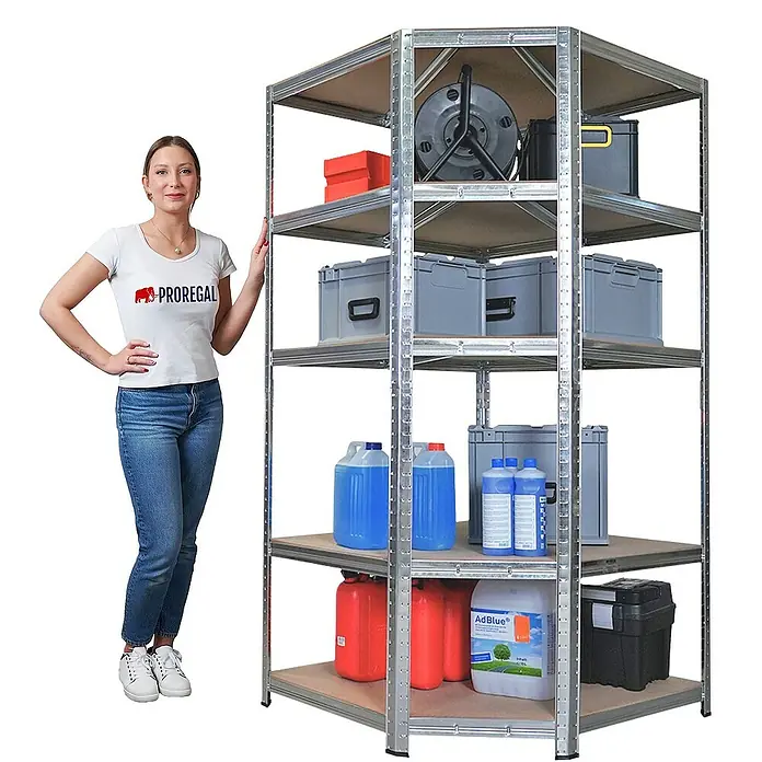 Proregal Eckregal RAGNAR - H x B x T: 180 x 90 x 60 cm, Traglast pro Boden: 175 kg, Anzahl Böden: 5 Stk., Stecken, Verzinkt