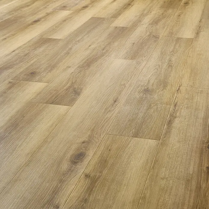 Vinylboden SPC Silent - Tucson Eiche, Landhausdiele, 1.220 x 229 x 5,3 mm - Hellbraune Laminatboden-Planken in Holzoptik mit natürlicher Maserung.
