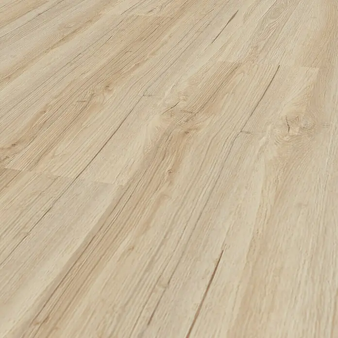 Vinylboden SPC Silent - Wildwood Eiche, Landhausdiele, 1.220 x 229 x 5,3 mm - Heller Holzfußboden mit natürlicher Maserung, der einzelne Dielen zeigt.