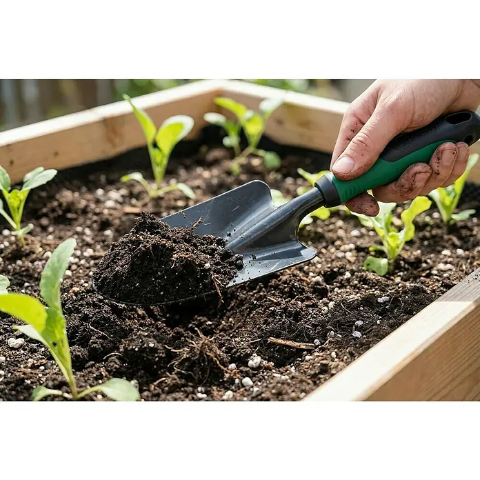 Gardol Hand-Blumenkelle - 10 cm, Stahl, Kurzstiel - Hand hält eine schwarz-grüne Gartenschaufel mit Erde in einem Hochbeet zwischen kleinen grünen Pflanzen.