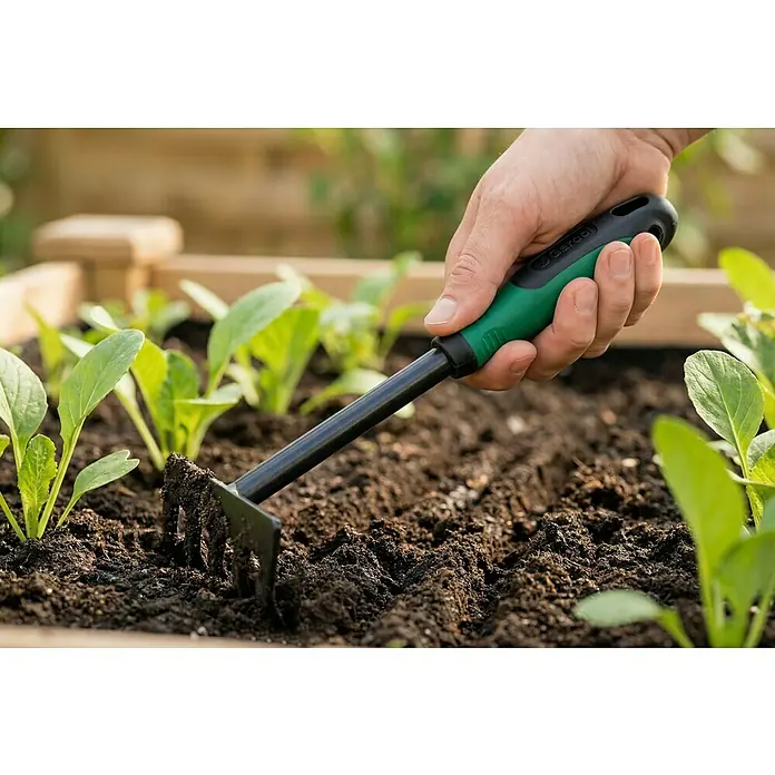 Gardol Hand-Kleinrechen - Arbeitsbreite: 85 mm, Anzahl Zinken: 5, Kurzstiel - Hand verwendet einen kleinen grün-schwarzen Handrechen, um Erde um junge Pflanzen im Beet zu kultivieren.