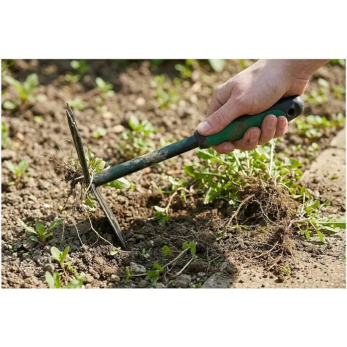 Gardol Hand-Doppelhäckchen - Arbeitsbreite: 6,5 cm, Anzahl Zinken: 3, Kurzstiel - Hand hält Unkrautstecher mit grünem Griff, zieht Unkraut mit dunklen Metallzinken im Garten.