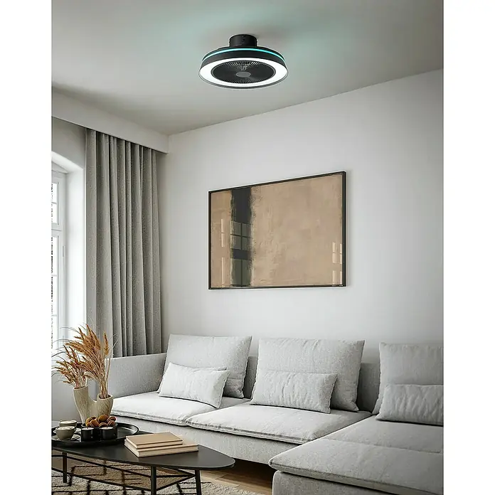 Eglo Ventilador de techo Vallonia 1 - Negro, 48 cm, 18 W - Ventilador de techo negro con iluminación LED integrada, anillo blanco y luz de acento azul, instalado en sala de estar moderna.