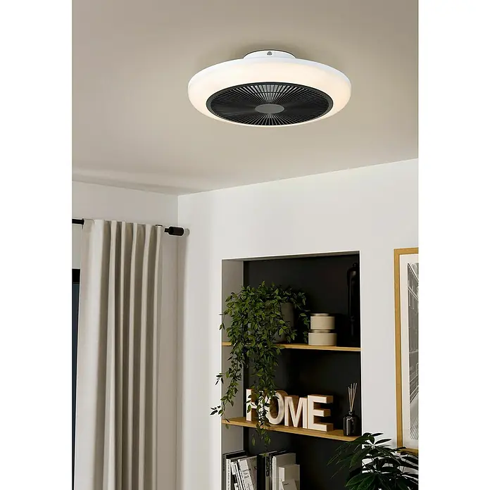 Eglo Ventilador de techo Sayulita - Blanco, 46 cm, 12 W, Blanco frío - Ventilador de techo circular blanco con rejilla negra y luz LED integrada, montado en el techo.