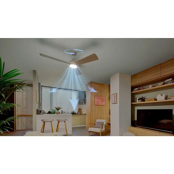 Philips Ventilador de techo Velyx - Blanco/Madera, 132 cm, 32 W, Blanco cálido - Ventilador de techo gris claro con aspas de madera y luz integrada, circulando aire en un moderno espacio vital.