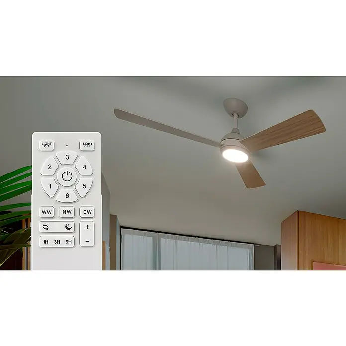 Philips Ventilador de techo Velyx - Blanco/Madera, 132 cm, 32 W, Blanco cálido - Ventilador de techo gris con luz y aspas con efecto madera, controlado por un mando a distancia blanco en primer plano.
