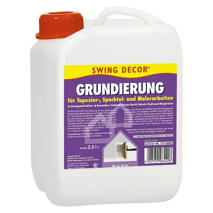 Swing Decor Tiefengrund - 2,5 l - Abbildung eines Behälters Swing Decor Grundierung, einer lösemittelfreien, tiefenwirksamen Grundierung für Malerarbeiten.