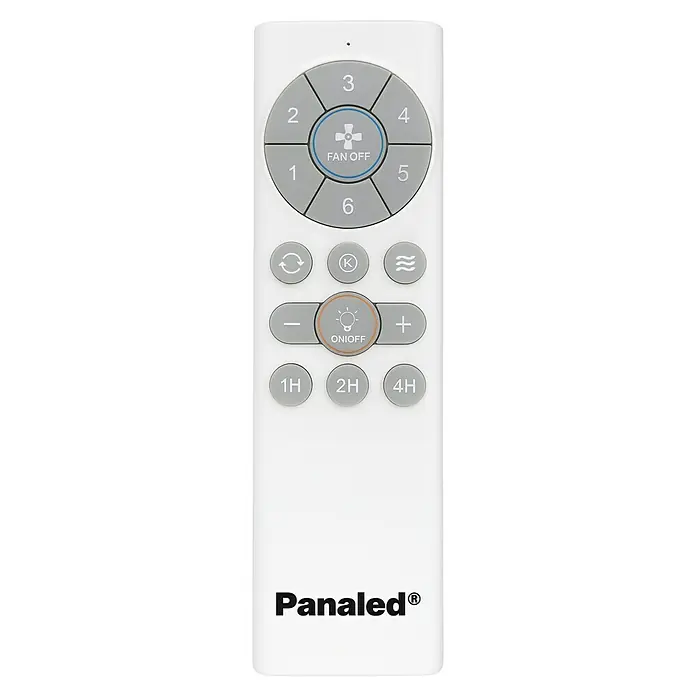 Panaled Ventilador de techo Siroco - Blanco, 91 cm, 29,6 W, Blanco cálido - Mando Panaled blanco con botones grises: ventilador (1-6, apagado), luz (on/off), brillo, modo y temporizadores (1H, 2H, 4H).