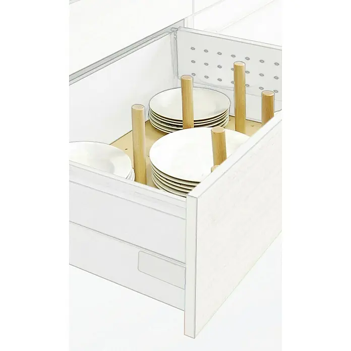 Organizador de platos 600 - L x An x Al: 49,3 x 49,3 x 9,2 cm, Haya - Cajón con platos y clavijas de madera para la organización. Solución de almacenamiento práctica para platos en un cajón de cocina con diseño.