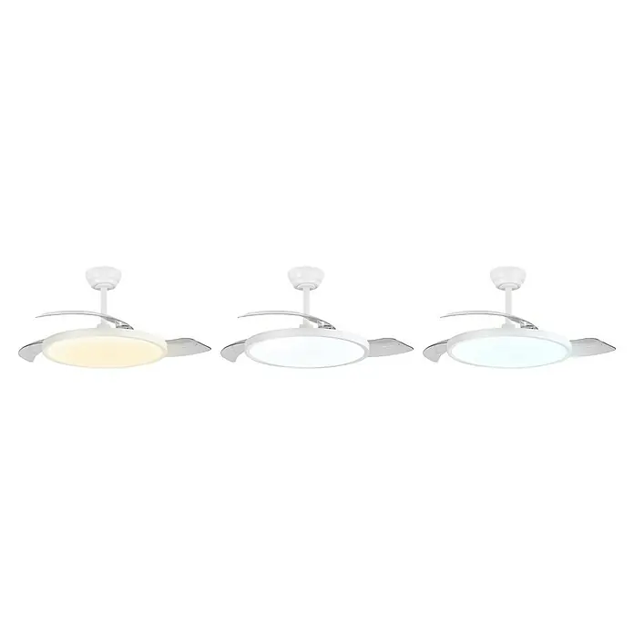 Panaled Ventilador de techo Siroco - Blanco, 91 cm, 29,6 W, Blanco cálido - Ventilador de techo blanco con aspas retráctiles translúcidas y luz LED integrada en tres temperaturas de color.