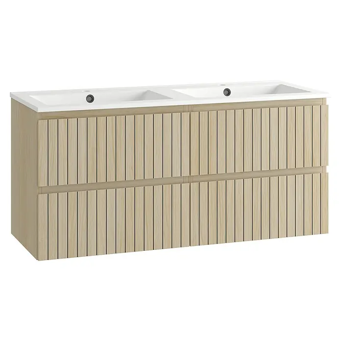 Mueble bajo de lavabo Stripes - L x An x Al: 45 x 120 x 55 cm, Roble boreal, 2 lavabos - Mueble de baño doble de madera clara con lavabos cerámicos blancos y frentes de cajón con listones verticales.