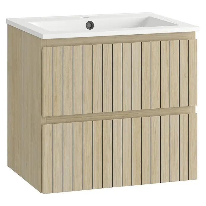 Mueble bajo de lavabo Stripes - L x An x Al: 45 x 60 x 55 cm, Roble boreal, 1 lavabo - Mueble de baño de madera clara con lavabo de cerámica blanca y dos cajones acanalados.