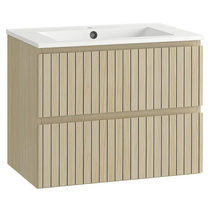 Mueble bajo de lavabo Stripes - L x An x Al: 45 x 70 x 55 cm, Roble boreal, 1 lavabo - Mueble de baño de madera clara acanalado con lavabo blanco integrado.