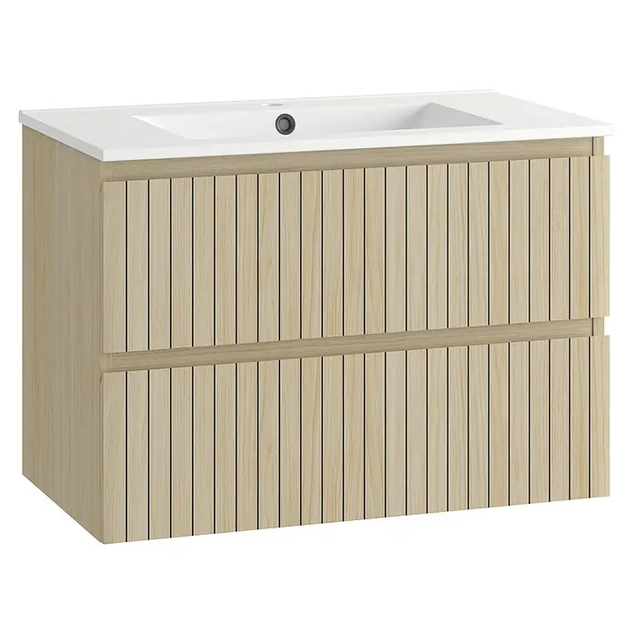 Mueble bajo de lavabo Stripes - L x An x Al: 45 x 80 x 55 cm, Roble boreal, 1 lavabo - Mueble de baño de madera clara con paneles de lamas verticales, dos cajones y lavabo cerámico blanco integrado.