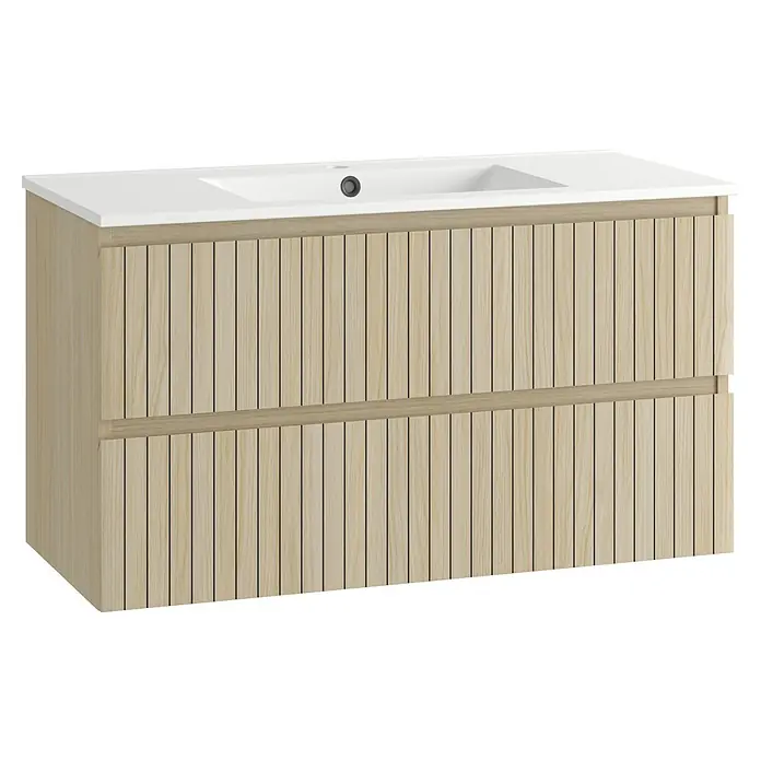 Mueble bajo de lavabo Stripes - L x An x Al: 45 x 100 x 55 cm, Roble boreal, 1 lavabo - Mueble de baño de madera clara acanalada con lavabo blanco integrado y dos cajones.