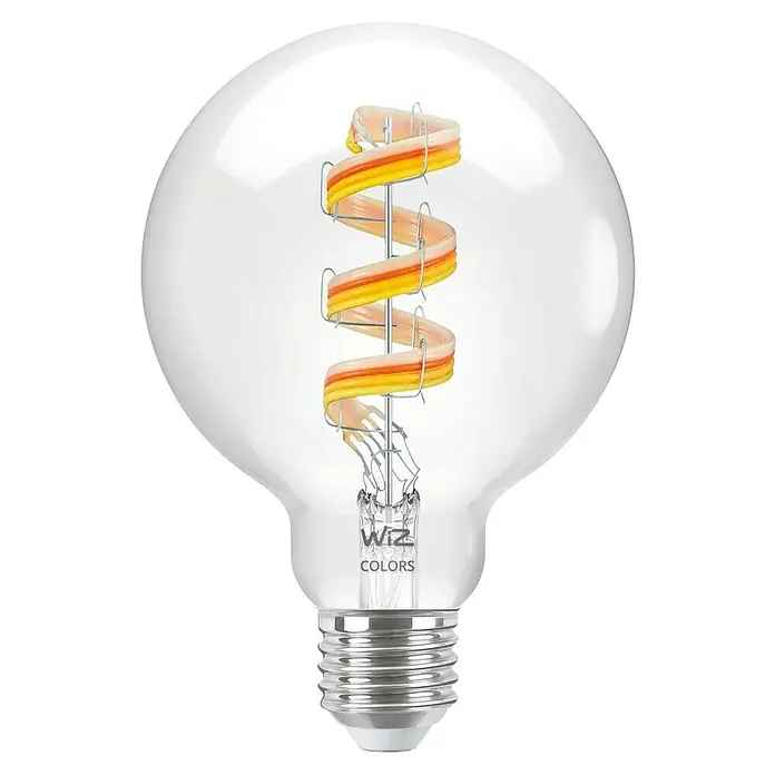 Philips Wiz Smart-LED-Lampe Globe - E27, Dimmbar, RGBW, 470 lm, 6,3 W, 1 Stk. - Klare LED-Glühbirne mit gelb-orangefarbenem Spiralfaden und silbernem Schraubsockel.