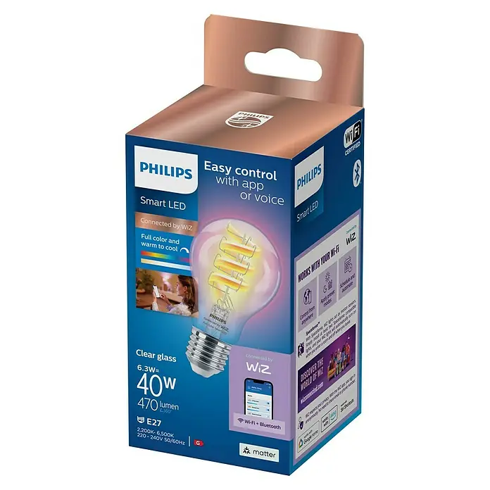Philips Wiz Smart-LED-Lampe - E27, Dimmbar, RGBW, 470 lm, 6,3 W, 1 Stk. - Verpackung der Philips Smart LED Glühbirne in Blau und Lila, zeigt eine klare Wi-Fi Smart Glühbirne mit App-/Sprachsteuerung.