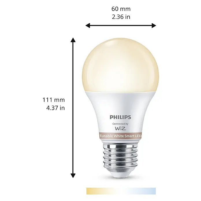 Philips Smart-LED-Lampe matter - E27, Dimmbar, Neutralweiß, 806 lm, 8 W, 1 Stk. - Philips Wiz Tunable White Smart LED Lampe, weiß, 111mm hoch, 60mm breit. Zeigt warmes bis kühles weißes Licht.