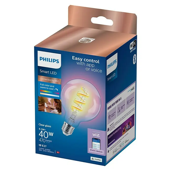 Philips Wiz Smart-LED-Lampe Globe - E27, Dimmbar, RGBW, 470 lm, 6,3 W, 1 Stk. - Philips Smart LED WiZ Glühbirnenbox. Klares Glas, Vollfarbe, E27, 6,3W=40W, 470lm. App/Sprachsteuerung, Wi-Fi, Matter-zertifiziert.