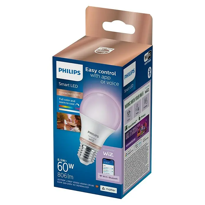 Philips Wiz Smart-LED-Lampe matter - E27, Dimmbar, RGBW, 806 lm, 8,5 W, 1 Stk. - Philips WiZ Smart LED-Glühbirne in Verpackung, zeigt lila leuchtende Birne, Funktionen und Konnektivität.