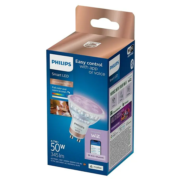 Philips Wiz Smart-LED-Lampe - GU10, Dimmbar, RGBW, 400 lm, 4,7 W, 1 Stk. - Philips Smart LED GU10 Lampe in Verpackung, hervorhebend Vollfarben, Wi-Fi und App-/Sprachsteuerung.
