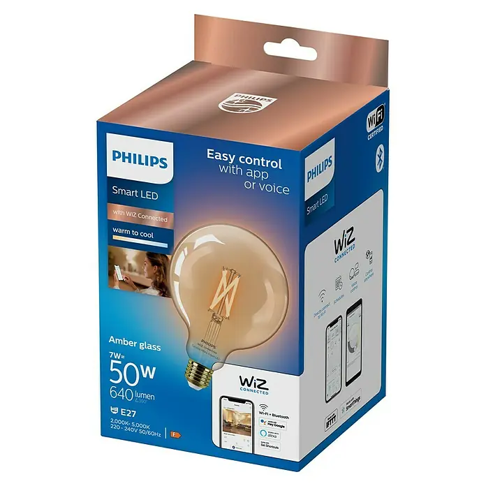 Philips Wiz Smart-LED-Lampe - E27, Dimmbar, Neutralweiß, 640 lm, 7 W, 1 Stk. - Philips Smart LED-Birne aus Amberglas in blau-kupferfarbener Verpackung mit WiZ Connected Funktionen.