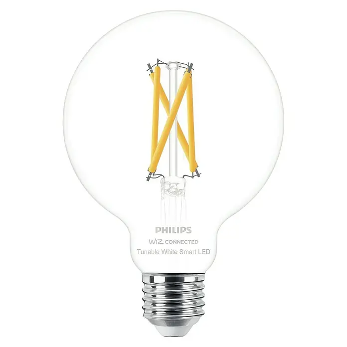 Philips Wiz Smart-LED-Lampe Filament-Kugellampe - E27, Dimmbar, Tageslichtweiß, 806 lm, 7 W - Philips WiZ Connected Tunable White Smart LED-Glühbirne mit klarem Glas, sichtbaren gelben Filamenten und silbernem Schraubsockel.