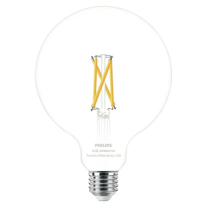 WiZ Smart-LED-Lampe G125 - E27, Dimmbar, Warmweiß, 806 lm, 7 W, 1 Stk. - Philips WiZ Tunable White Smart LED Glühbirne mit klarem Glas, gelben Filamenten und silbernem Schraubsockel.