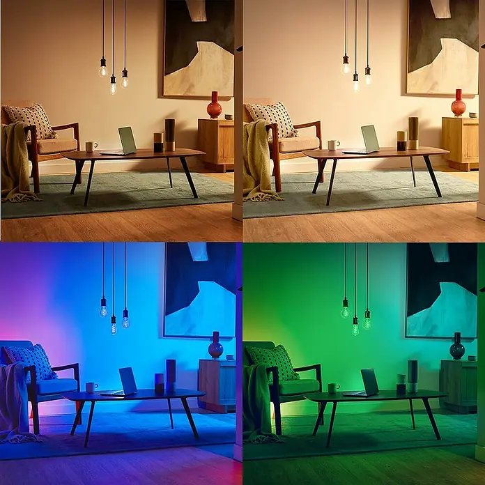 Philips Wiz Smart-LED-Lampe - E27, Dimmbar, RGBW, 470 lm, 6,3 W, 1 Stk. - Drei smarte Pendelleuchten erhellen ein Wohnzimmer und zeigen einstellbare warm- bis kaltweiße sowie lebendige Farboptionen.