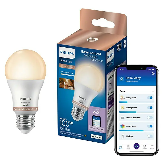 Philips Wiz Smart-LED-Lampe matter - E27, Dimmbar, Neutralweiß, 1.521 lm, 13 W, 1 Stk. - Philips WiZ Tunable White Smart LED-Birne, blaue/braune Verpackung, und Smartphone mit WiZ App zur Lichtsteuerung.