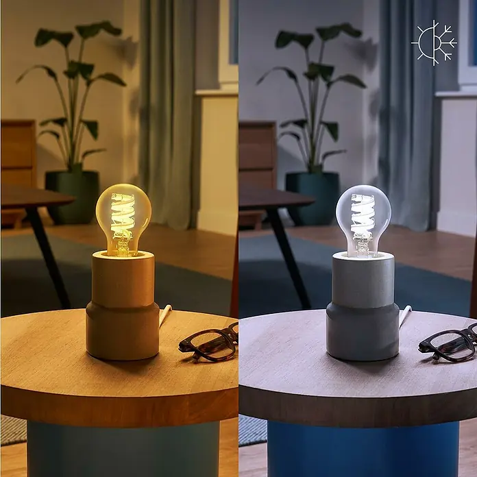 Philips Wiz Smart-LED-Lampe - E27, Dimmbar, RGBW, 470 lm, 6,3 W, 1 Stk. - Tischleuchte aus Beton mit Spiralfadenbirne, zeigt warmes und kaltes Licht.