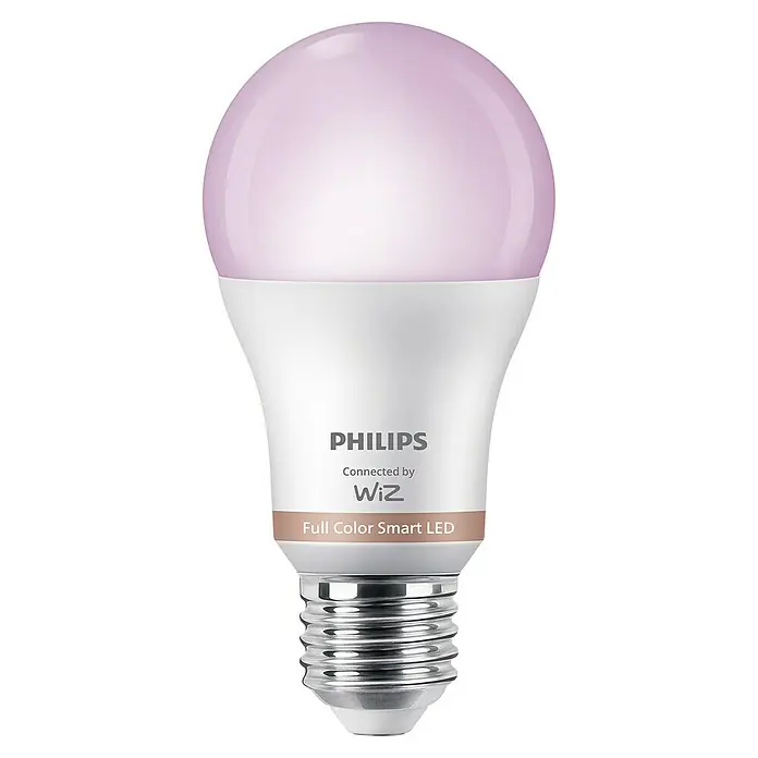 Philips Wiz Smart-LED-Lampe matter - E27, Dimmbar, RGBW, 806 lm, 8,5 W, 1 Stk. - Philips Wiz Full Color Smart LED-Birne mit hellvioletter Oberseite, weißem Gehäuse und silbernem Schraubsockel.