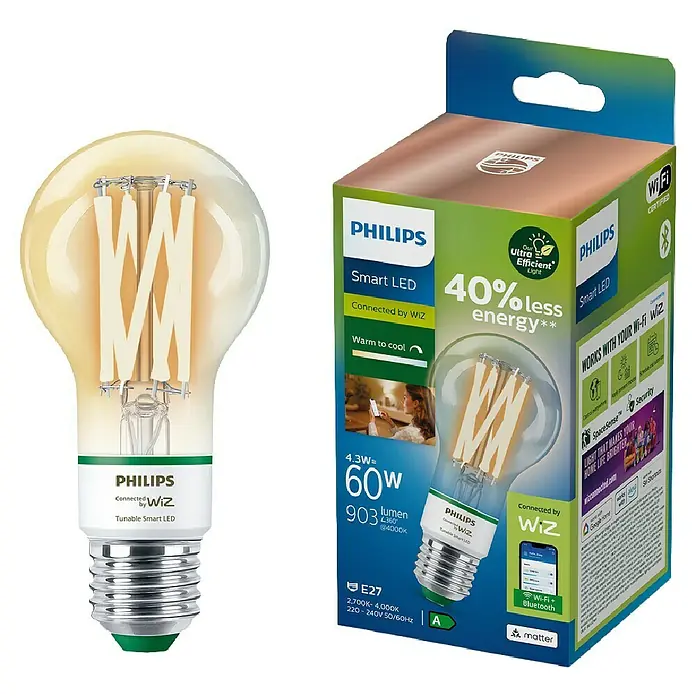Philips Wiz Smart-LED-Lampe - E27, Dimmbar, Neutralweiß, 903 lm, 8 W, 1 Stk. - Philips Smart LED Wi-Fi tunable Filamentlampe mit bernsteinfarbenem Glas und Produktverpackung.