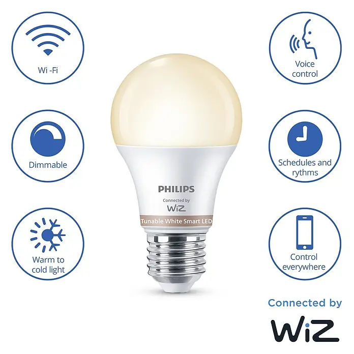 Philips Smart-LED-Lampe matter - E27, Dimmbar, Neutralweiß, 806 lm, 8 W, 1 Stk. - Philips Wiz Tunable White Smart LED-Glühbirne. Weiße Birne mit Metallfuß, bietet anpassbares warmes bis kaltes Licht, Dimmfunktion, Wi-Fi und Sprachsteuerung.