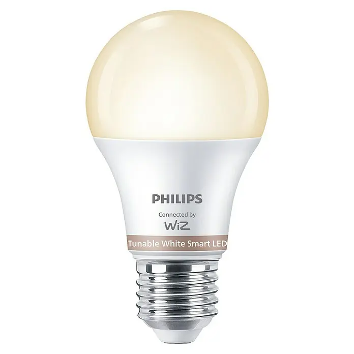 Philips Smart-LED-Lampe matter - E27, Dimmbar, Neutralweiß, 806 lm, 8 W, 1 Stk. - Philips WiZ Tunable White Smart LED-Lampe mit weißem Sockel, mattierter Kugel und silbernem Schraubgewinde.