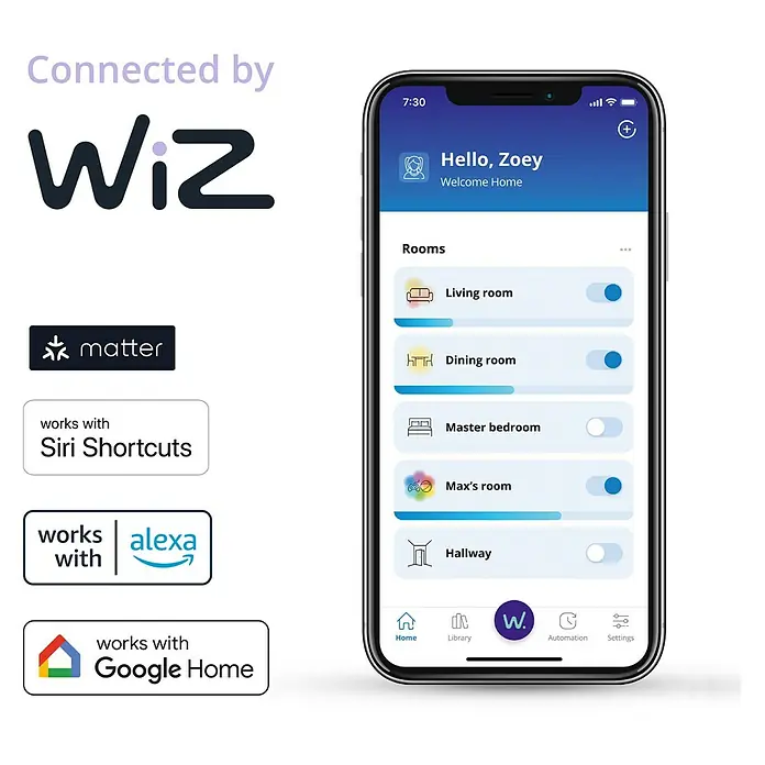 Philips Wiz Smart-LED-Lampe - GU10, Dimmbar, RGBW, 400 lm, 4,7 W, 1 Stk. - Smartphone mit WiZ Smart Home App, zeigt Raumsteuerung und Kompatibilität mit Matter, Siri, Alexa, Google Home.