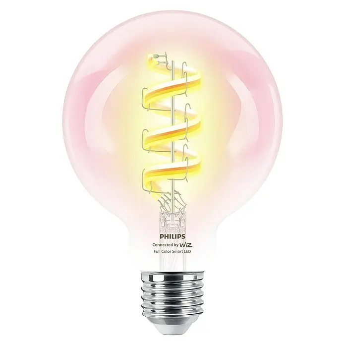 Philips Wiz Smart-LED-Lampe Globe - E27, Dimmbar, RGBW, 470 lm, 6,3 W, 1 Stk. - Philips WiZ Full Color Smart LED Vintage-Glühbirne mit leuchtendem Spiralfilament, roséfarbenem Glas und silbernem Sockel.