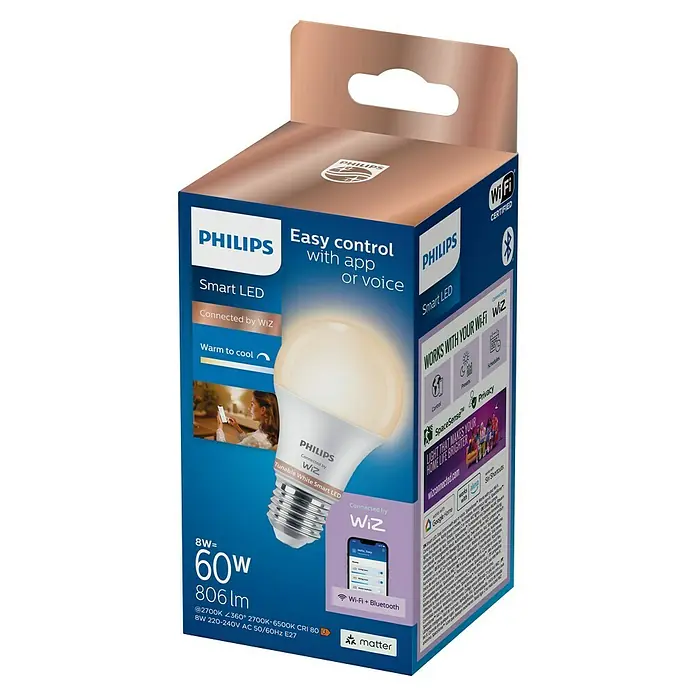 Philips Smart-LED-Lampe matter - E27, Dimmbar, Neutralweiß, 806 lm, 8 W, 1 Stk. - Philips WiZ Smart LED Lampe in blauer und brauner Verkaufsverpackung, hebt App-Steuerung und abstimmbares Weiß hervor.